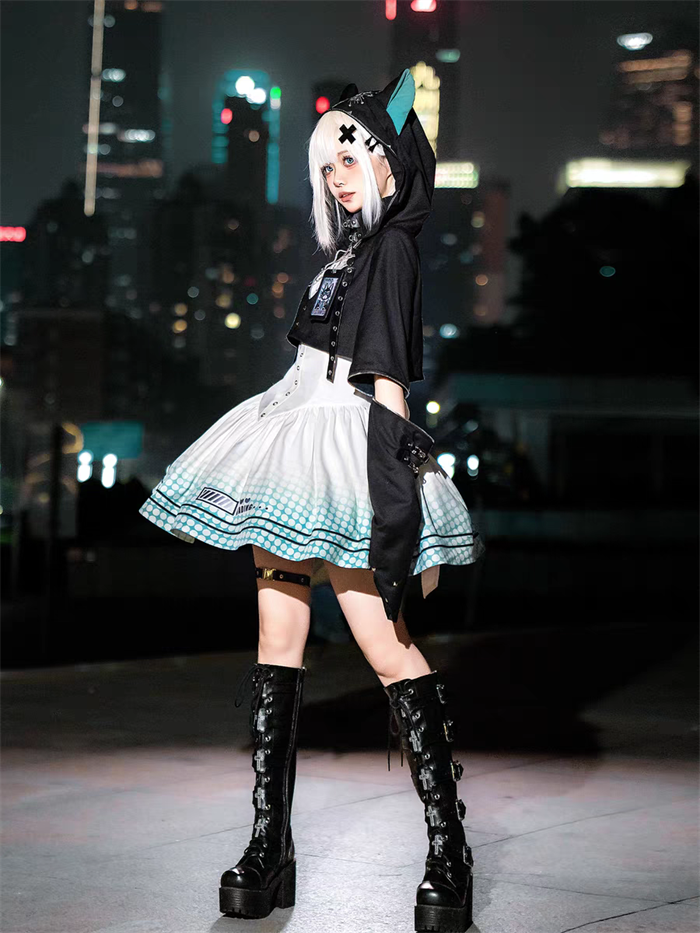 [Electro Kitty] Cyberpunk Lolita Y2K Hoodie & Skirt Set Future Suit