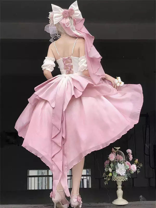 [Elsa's MaCa] Gradual Color Lolita JSK Jumper Skirt Floral Corset with Butterfly Bowtie Pearls