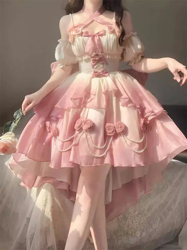 [Elsa's MaCa] Gradual Color Lolita JSK Jumper Skirt Floral Corset with Butterfly Bowtie Pearls