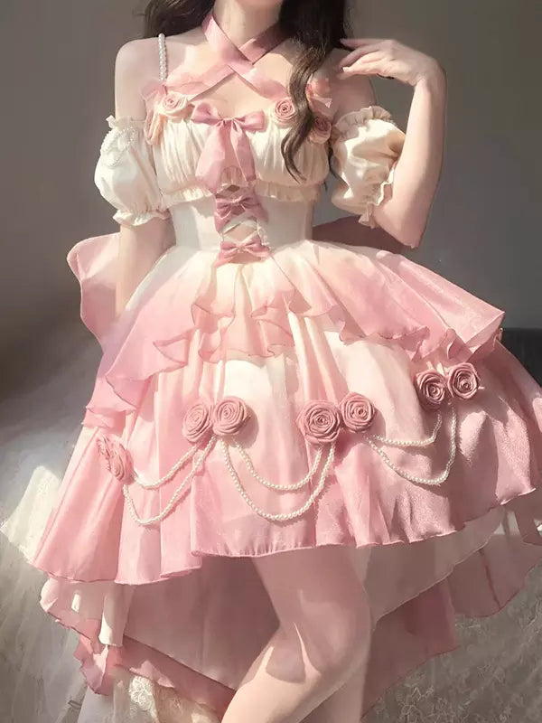 [Elsa's MaCa] Gradual Color Lolita JSK Jumper Skirt Floral Corset with Butterfly Bowtie Pearls
