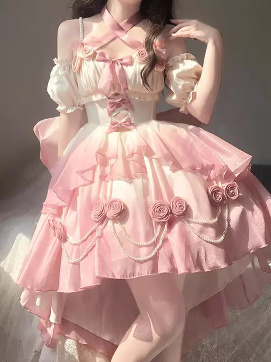 [Elsa's MaCa] Gradual Color Lolita JSK Jumper Skirt Floral Corset with Butterfly Bowtie Pearls