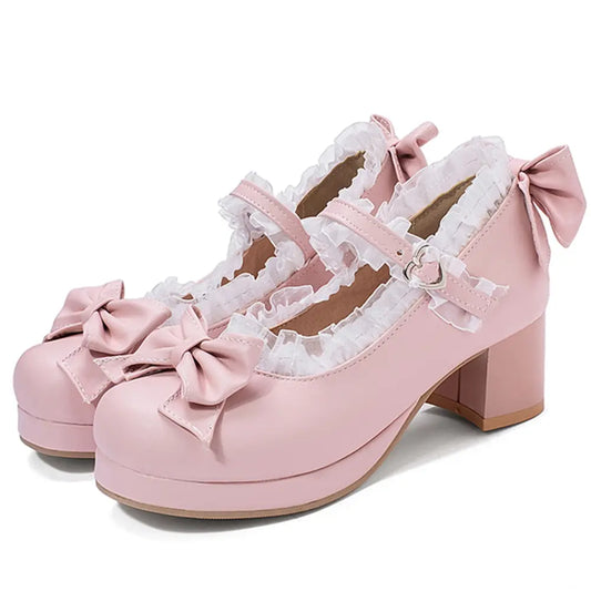 Block Heel Mary Janes Pumps with Bow Platform Dress Pumps Chunky Heel Cute Lace Sweet Party Shoes for Girls