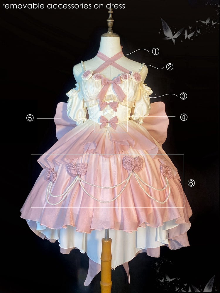 [Elsa's MaCa] Gradual Color Lolita JSK Jumper Skirt Floral Corset with Butterfly Bowtie Pearls