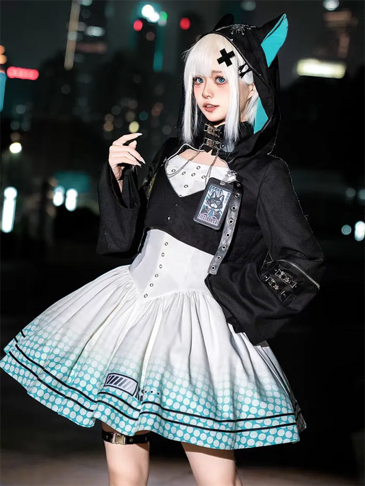[Electro Kitty] Cyberpunk Lolita Y2K Hoodie & Skirt Set Future Suit