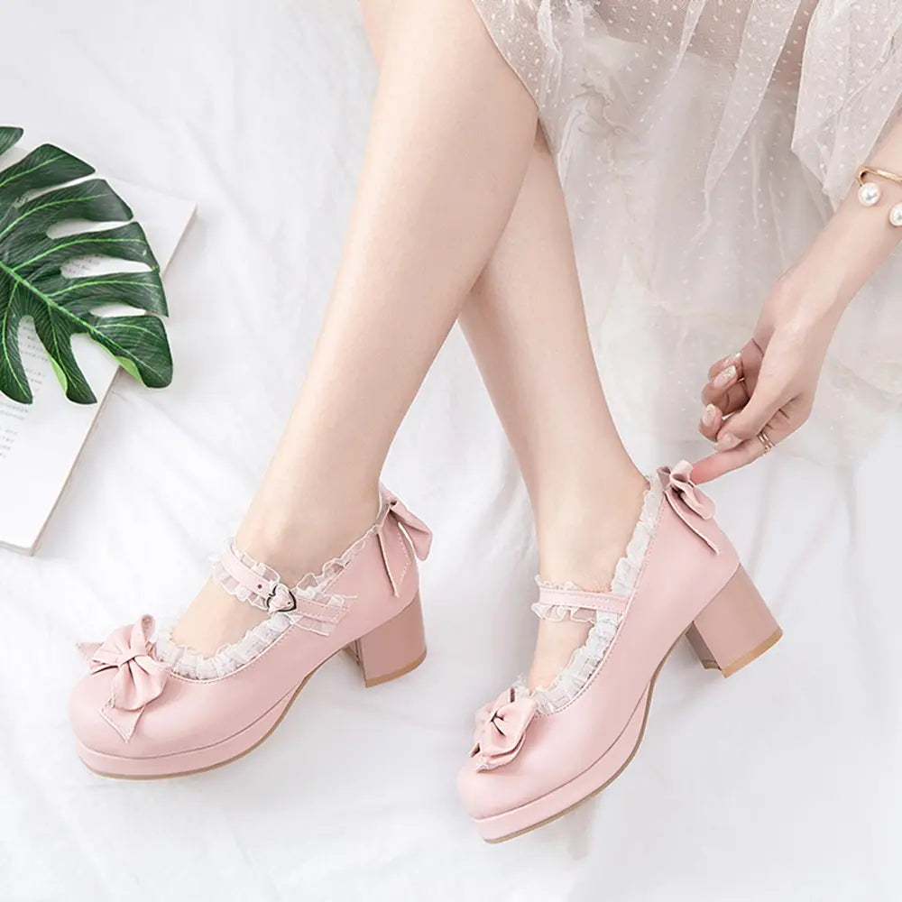 Block Heel Mary Janes Pumps with Bow Platform Dress Pumps Chunky Heel Cute Lace Sweet Party Shoes for Girls