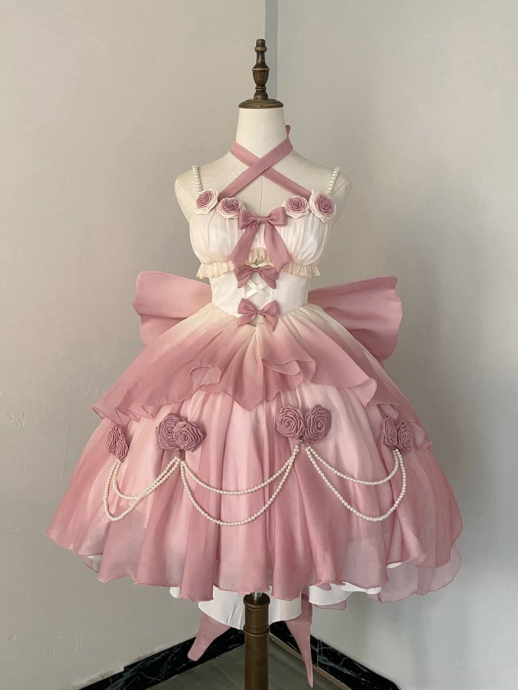 [Elsa's MaCa] Gradual Color Lolita JSK Jumper Skirt Floral Corset with Butterfly Bowtie Pearls