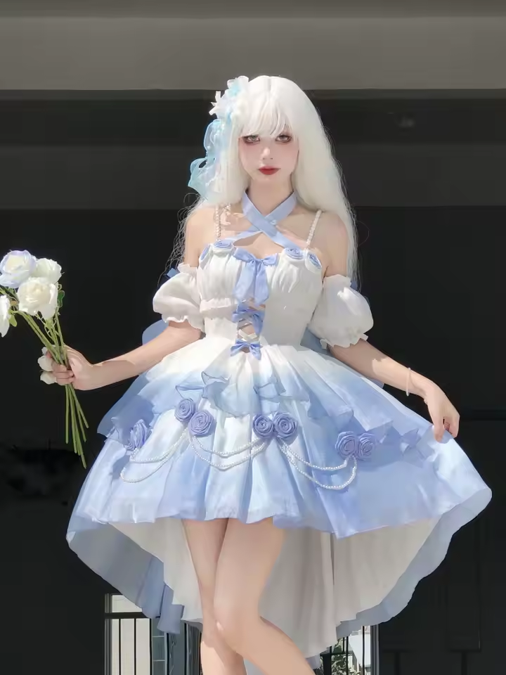 [Elsa's MaCa] Gradual Color Lolita JSK Jumper Skirt Floral Corset with Butterfly Bowtie Pearls