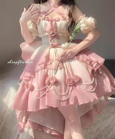 [Elsa's MaCa] Gradual Color Lolita JSK Jumper Skirt Floral Corset with Butterfly Bowtie Pearls