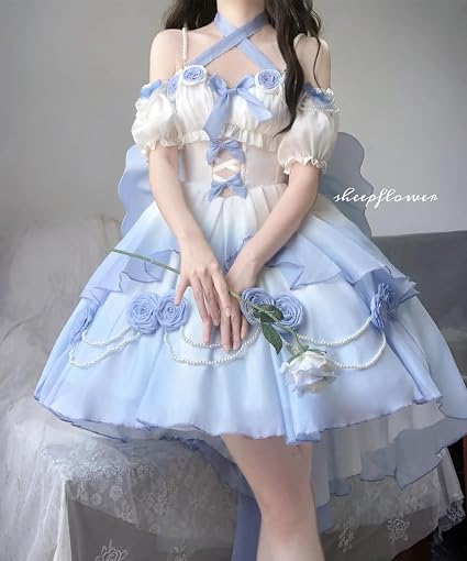[Elsa's MaCa] Gradual Color Lolita JSK Jumper Skirt Floral Corset with Butterfly Bowtie Pearls