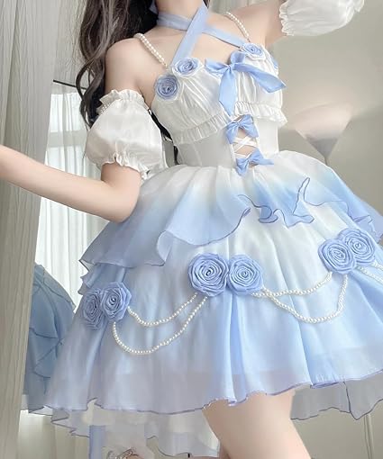 [Elsa's MaCa] Gradual Color Lolita JSK Jumper Skirt Floral Corset with Butterfly Bowtie Pearls