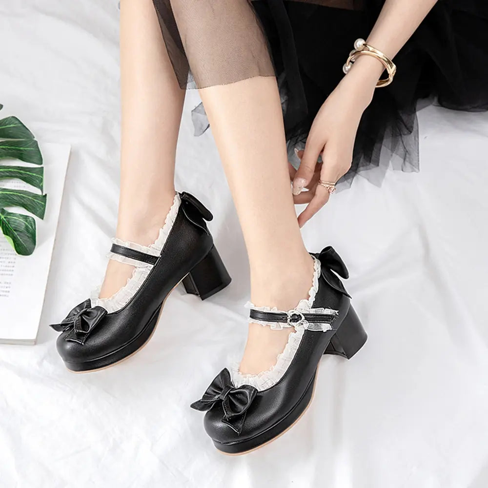 Block Heel Mary Janes Pumps with Bow Platform Dress Pumps Chunky Heel Cute Lace Sweet Party Shoes for Girls