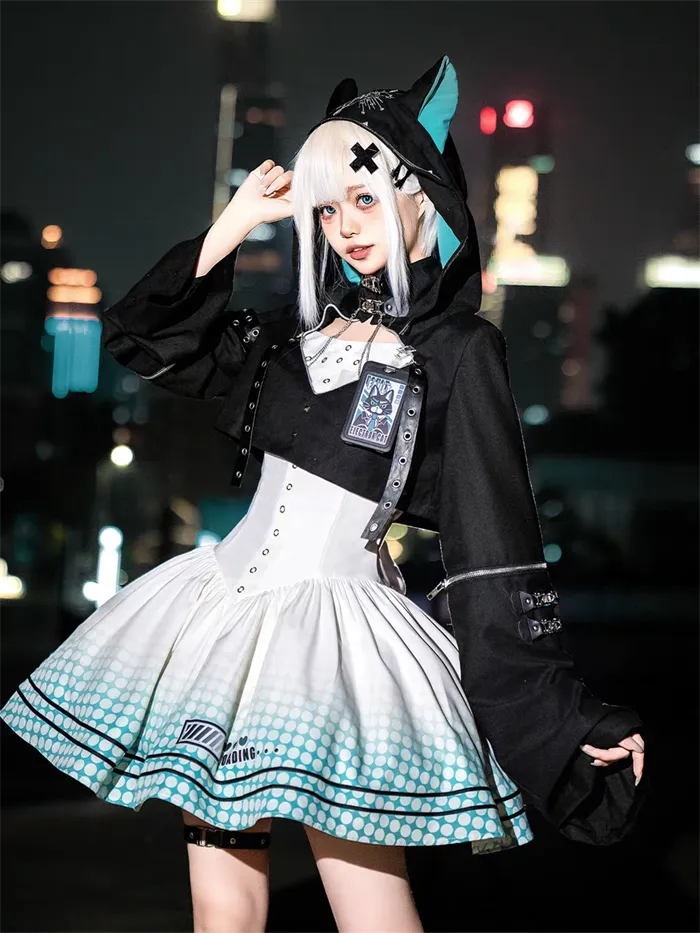 [Electro Kitty] Cyberpunk Lolita Y2K Hoodie & Skirt Set Future Suit