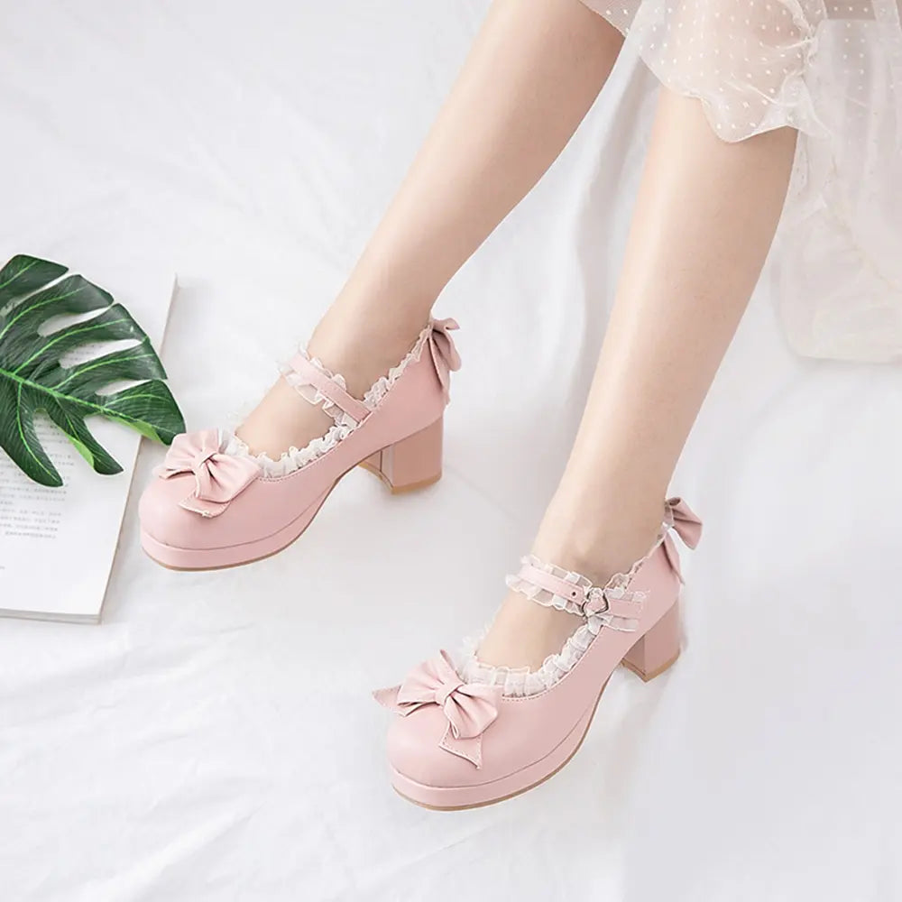 Block Heel Mary Janes Pumps with Bow Platform Dress Pumps Chunky Heel Cute Lace Sweet Party Shoes for Girls