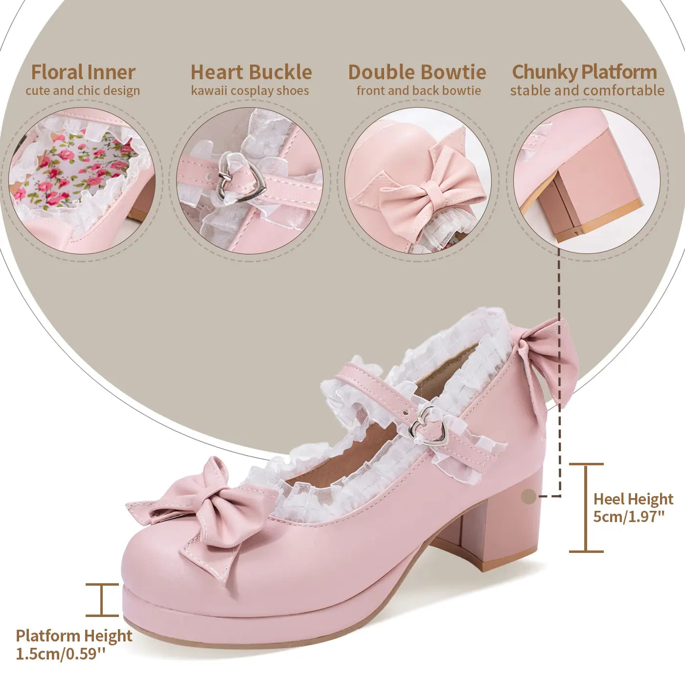 Block Heel Mary Janes Pumps with Bow Platform Dress Pumps Chunky Heel Cute Lace Sweet Party Shoes for Girls