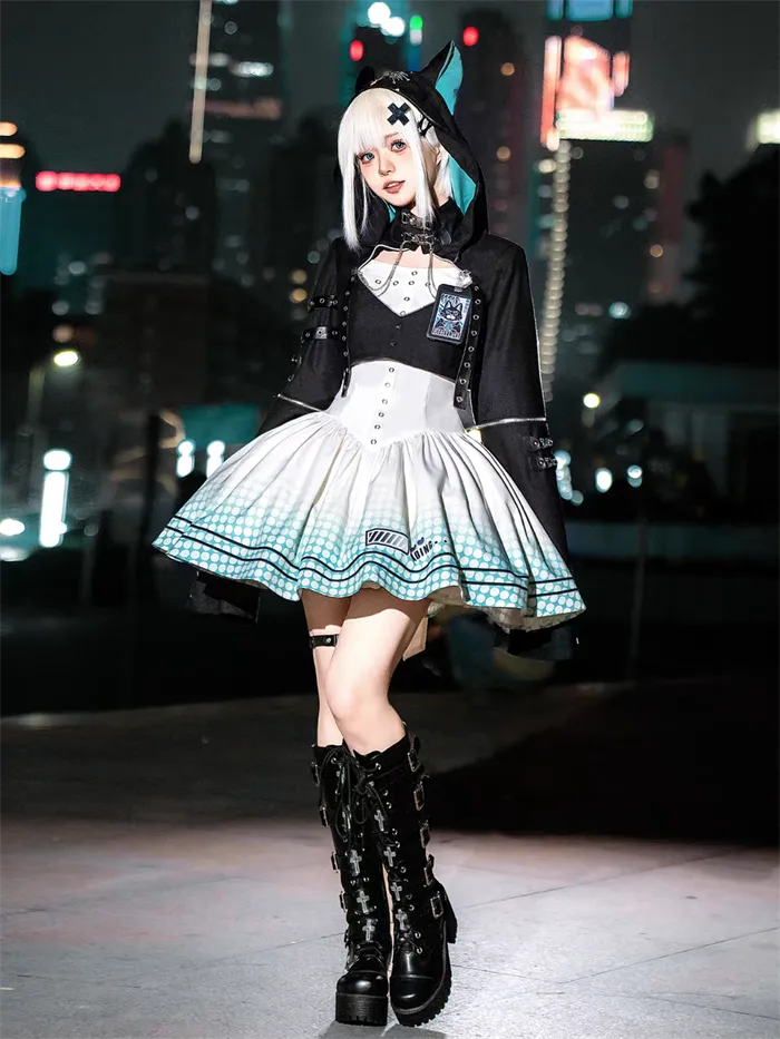 [Electro Kitty] Cyberpunk Lolita Y2K Hoodie & Skirt Set Future Suit