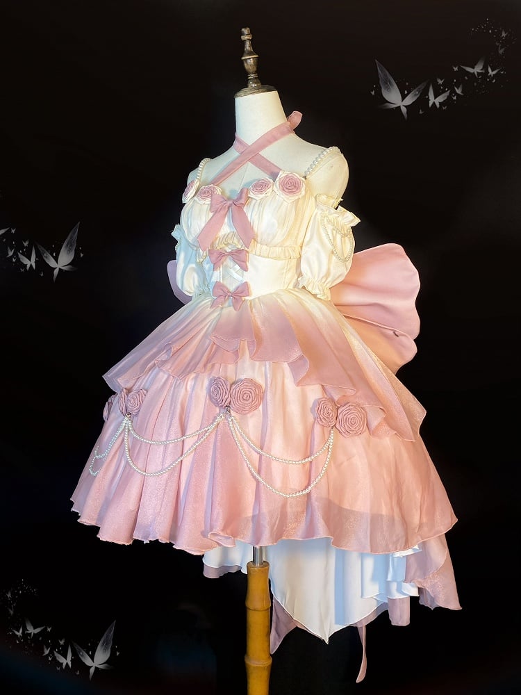 [Elsa's MaCa] Gradual Color Lolita JSK Jumper Skirt Floral Corset with Butterfly Bowtie Pearls