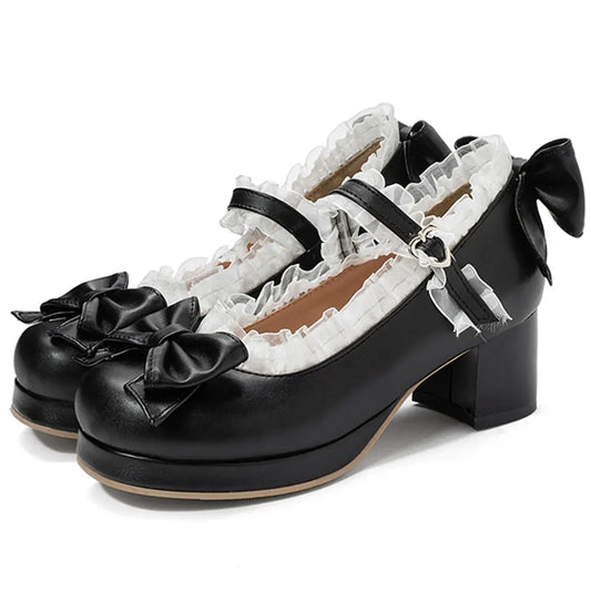 Block Heel Mary Janes Pumps with Bow Platform Dress Pumps Chunky Heel Cute Lace Sweet Party Shoes for Girls