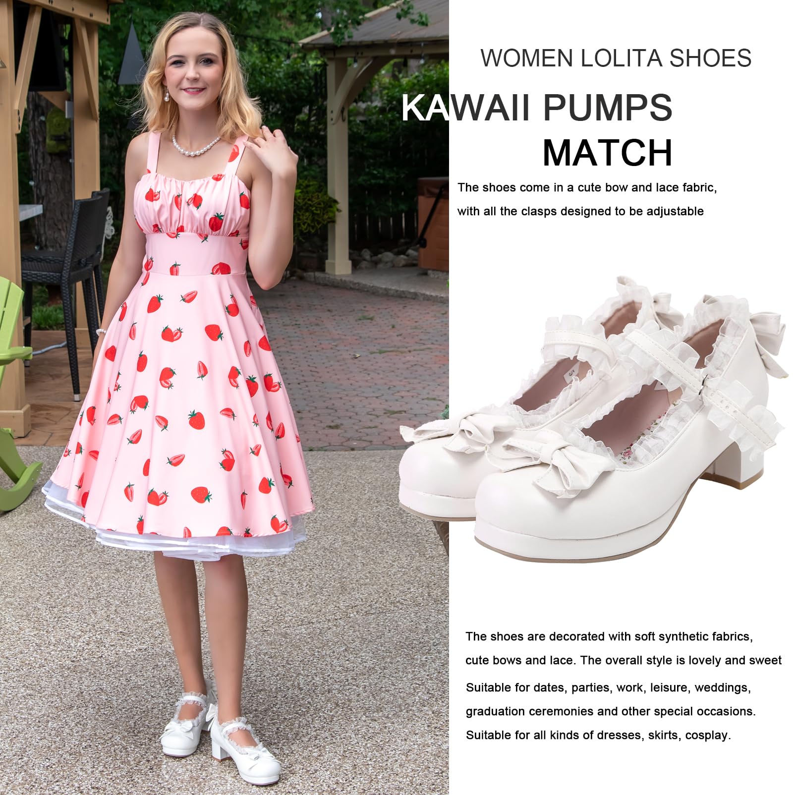 Block Heel Mary Janes Pumps with Bow Platform Dress Pumps Chunky Heel Cute Lace Sweet Party Shoes for Girls