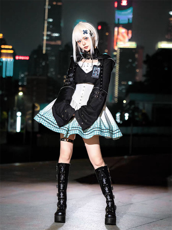 [Electro Kitty] Cyberpunk Lolita Y2K Hoodie & Skirt Set Future Suit