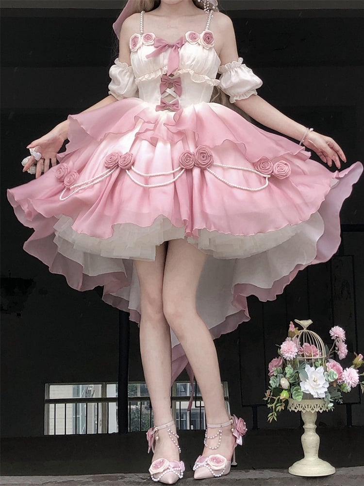 [Elsa's MaCa] Gradual Color Lolita JSK Jumper Skirt Floral Corset with Butterfly Bowtie Pearls