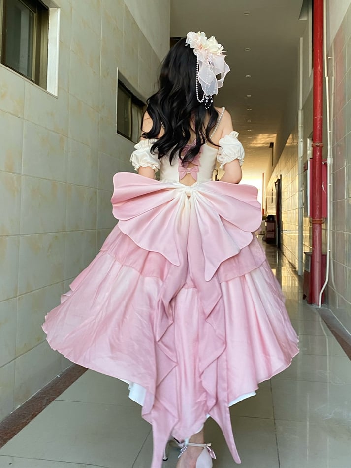 [Elsa's MaCa] Gradual Color Lolita JSK Jumper Skirt Floral Corset with Butterfly Bowtie Pearls